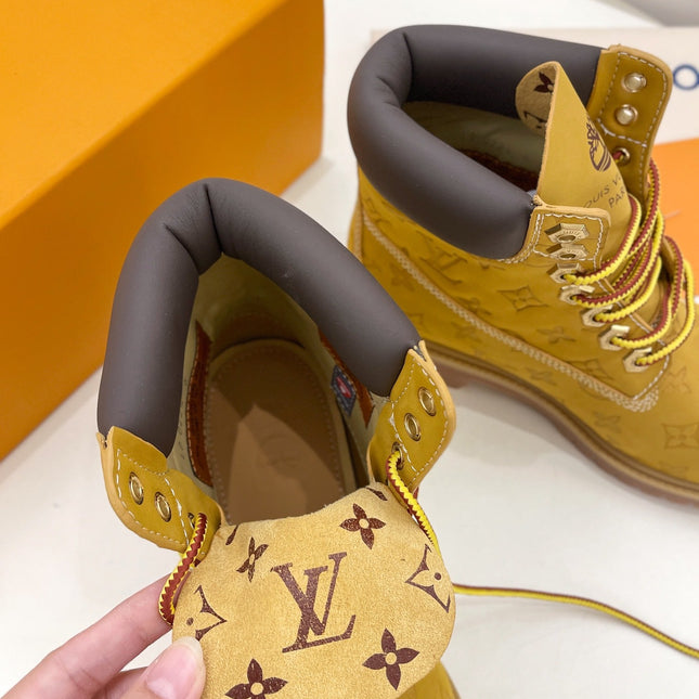 LV X TIMBERLAND MARTIN BOOT IN PEANUT BROWN MONOGRAM SUEDE