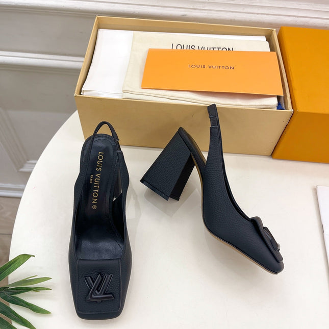 SHAKE SQUARE-TOE BLOCK HEEL 9 CM SANDALS IN BLACK PEPPLE CALFSKIN