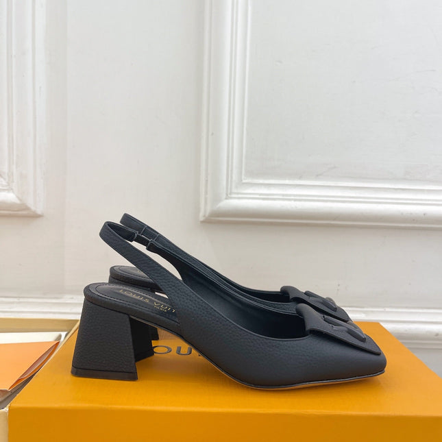 SHAKE SQUARE-TOE BLOCK HEEL 5.5 CM SANDALS IN BLACK PEPPLE CALFSKIN