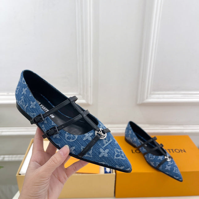 POINTED FLAT SHOES IN COBALT BLUE MONOGRAM DENIM