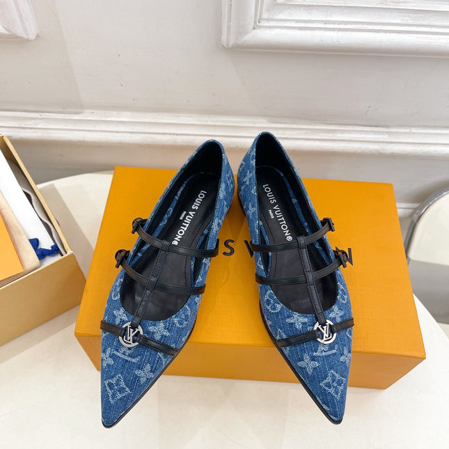 POINTED FLAT SHOES IN COBALT BLUE MONOGRAM DENIM
