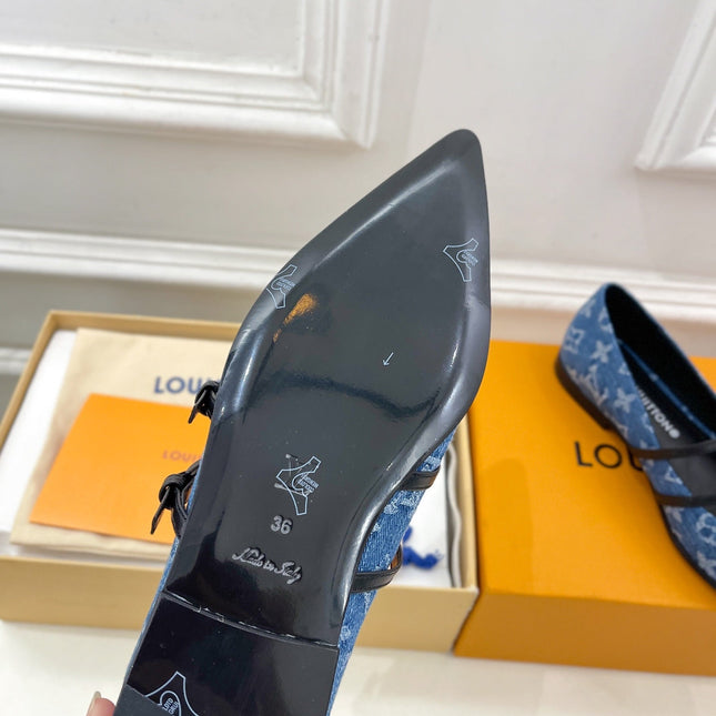 POINTED FLAT SHOES IN COBALT BLUE MONOGRAM DENIM