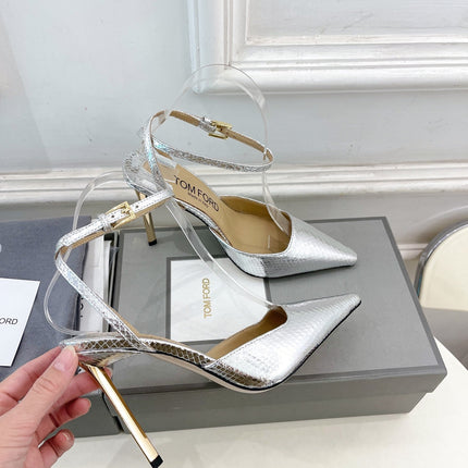 HIGH SLINGBACKS 10 CM IN SILVER SNAKE-PATTERN CALFSKIN
