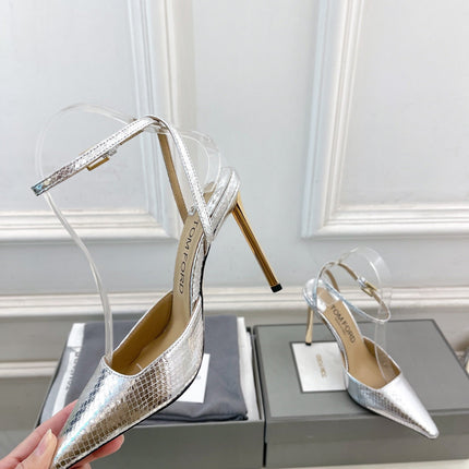 HIGH SLINGBACKS 10 CM IN SILVER SNAKE-PATTERN CALFSKIN
