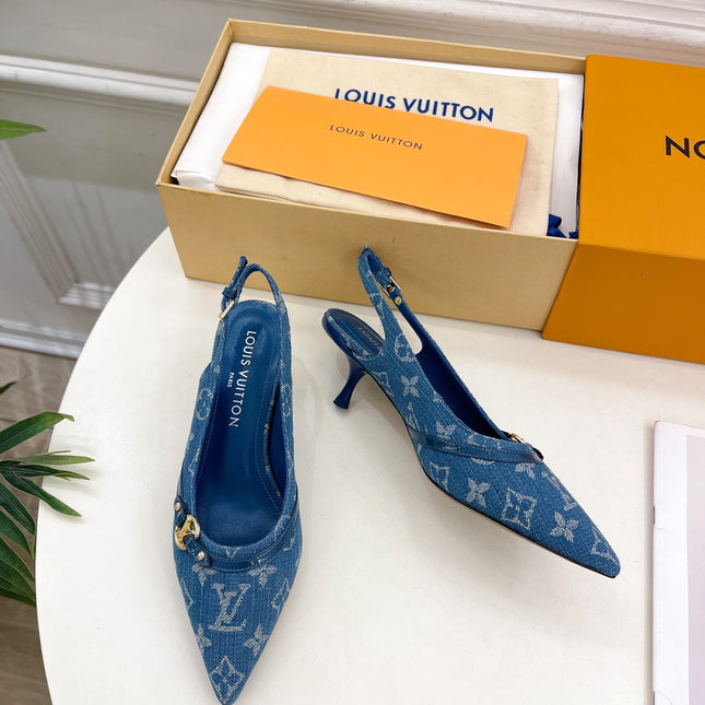 HIGH SLINGBACKS 5 CM IN CLASSIC BLUE MONOGRAM DENIM FABRIC