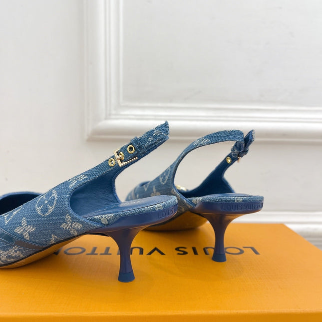 HIGH SLINGBACKS 5 CM IN CLASSIC BLUE MONOGRAM DENIM FABRIC