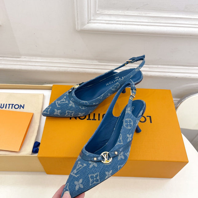 HIGH SLINGBACKS 5 CM IN CLASSIC BLUE MONOGRAM DENIM FABRIC