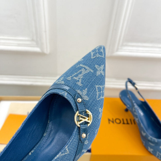 HIGH SLINGBACKS 5 CM IN CLASSIC BLUE MONOGRAM DENIM FABRIC
