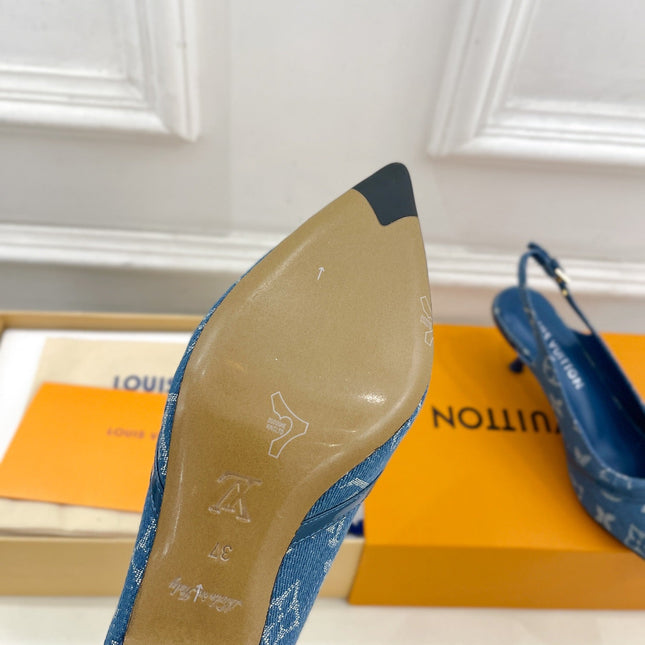 HIGH SLINGBACKS 5 CM IN CLASSIC BLUE MONOGRAM DENIM FABRIC