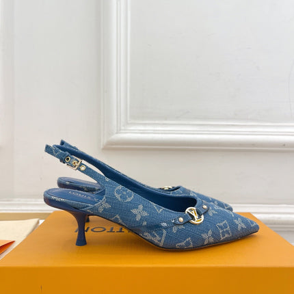 HIGH SLINGBACKS 5 CM IN CLASSIC BLUE MONOGRAM DENIM FABRIC