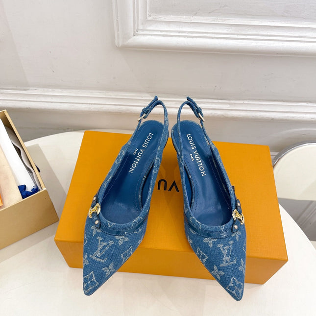 HIGH SLINGBACKS 5 CM IN CLASSIC BLUE MONOGRAM DENIM FABRIC