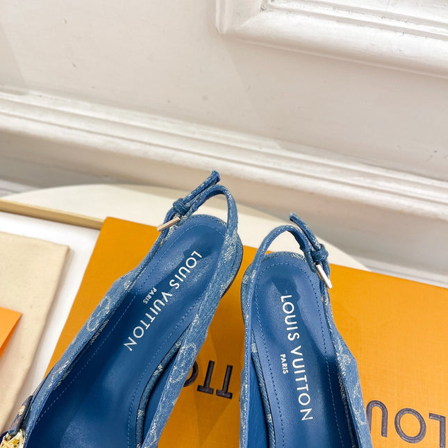 HIGH SLINGBACKS 5 CM IN CLASSIC BLUE MONOGRAM DENIM FABRIC