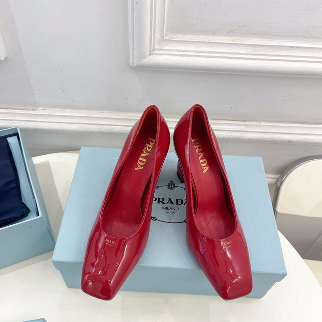 SQUARE TOE HIGH PUMPS IN CRIMSON RED GLOSSY CALFSKIN
