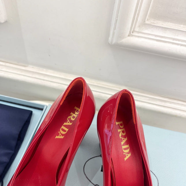 SQUARE TOE HIGH PUMPS IN CRIMSON RED GLOSSY CALFSKIN