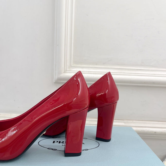 SQUARE TOE HIGH PUMPS IN CRIMSON RED GLOSSY CALFSKIN