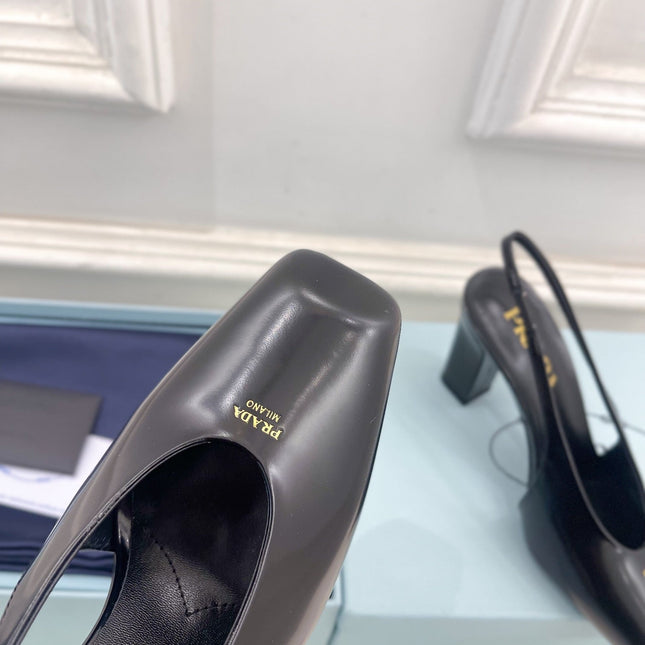 SQUARE TOE SLINGBACK PUMPS IN BLACK SMOOTH LAMBSKIN