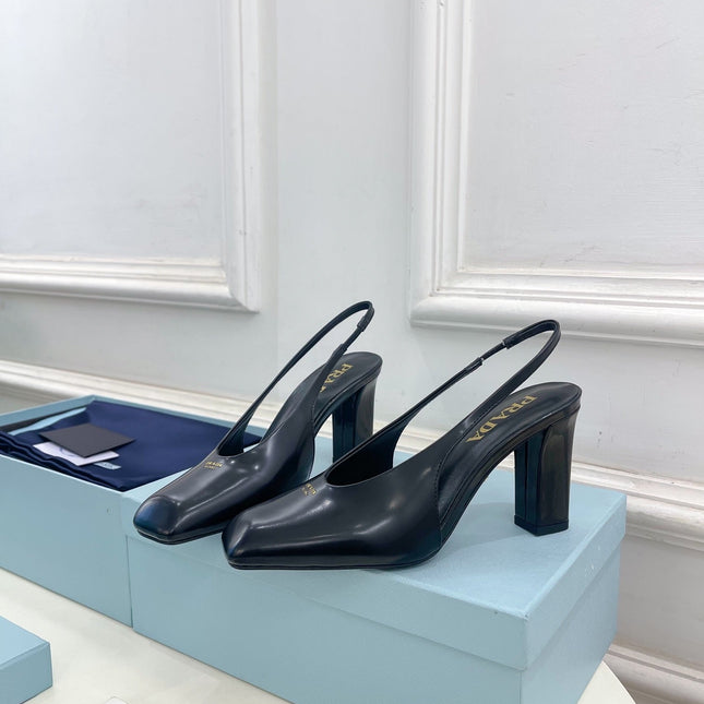 SQUARE TOE SLINGBACK PUMPS IN BLACK SMOOTH LAMBSKIN