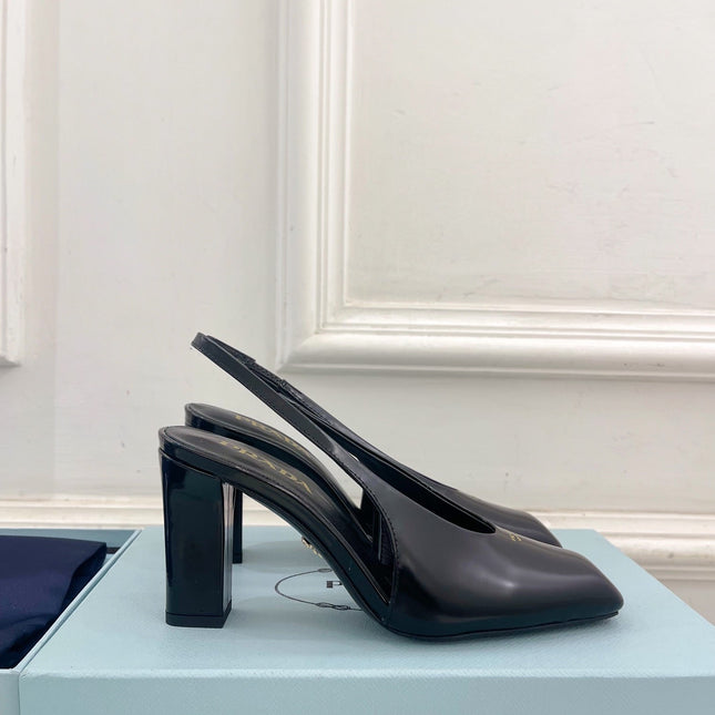 SQUARE TOE SLINGBACK PUMPS IN BLACK SMOOTH LAMBSKIN