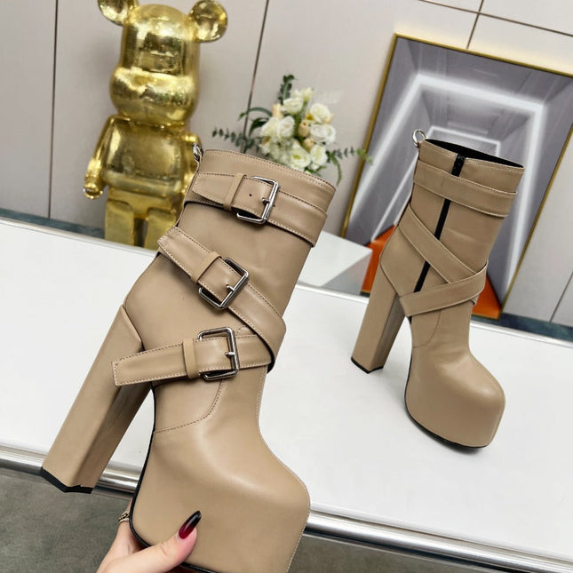 SL ANKLE BUCKLE BOOT PLATFORM TAN CALFSKIN