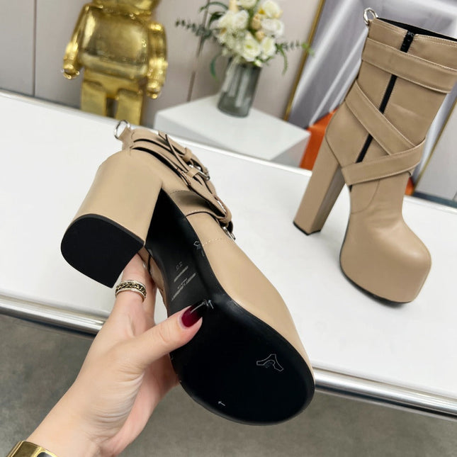 SL ANKLE BUCKLE BOOT PLATFORM TAN CALFSKIN