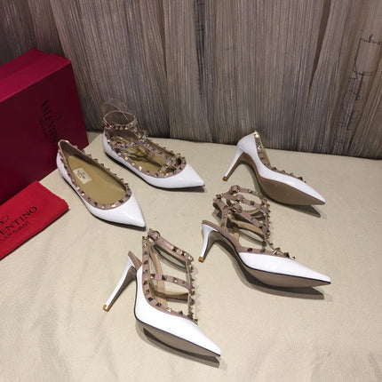 ROCKSTUD CAGED HIGH PUMP IN WHITE MIX LIGHT PINK PATENT CALFSKIN 100 MM