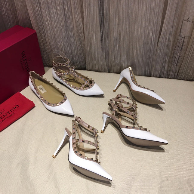 ROCKSTUD CAGED HIGH PUMP IN WHITE MIX LIGHT PINK PATENT CALFSKIN 100 MM