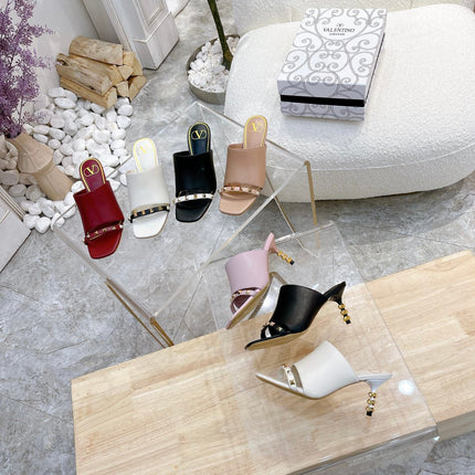 ROCKSTUD TOWER-HEEL MULES IN CURRANT RED CALFSKIN 7 CM