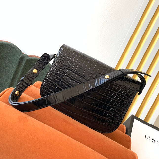 GG 1955 Horsebit Bag 25cm Black Crocodile Leather Gold Hardware