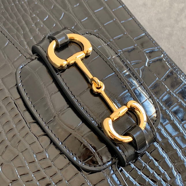GG 1955 Horsebit Bag 25cm Black Crocodile Leather Gold Hardware