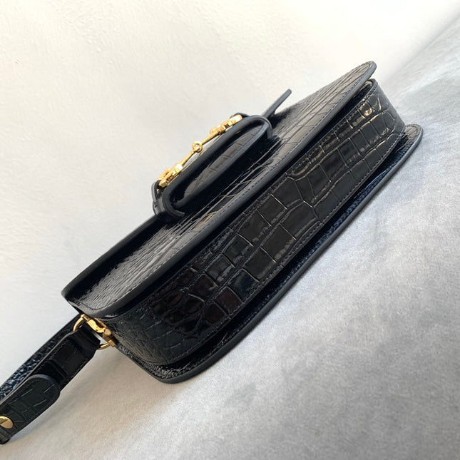 GG 1955 Horsebit Bag 25cm Black Crocodile Leather Gold Hardware
