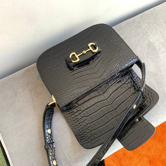 GG 1955 Horsebit Bag 25cm Black Crocodile Leather Gold Hardware
