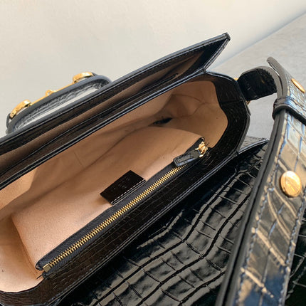 GG 1955 Horsebit Bag 25cm Black Crocodile Leather Gold Hardware