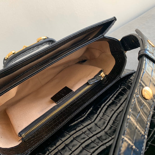 GG 1955 Horsebit Bag 25cm Black Crocodile Leather Gold Hardware