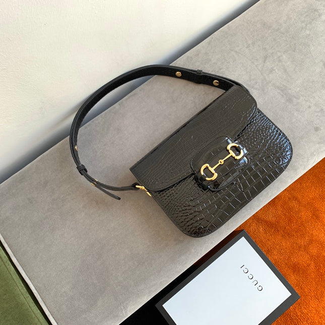 GG 1955 Horsebit Bag 25cm Black Crocodile Leather Gold Hardware