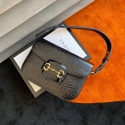 GG 1955 Horsebit Bag 25cm Black Crocodile Leather Gold Hardware