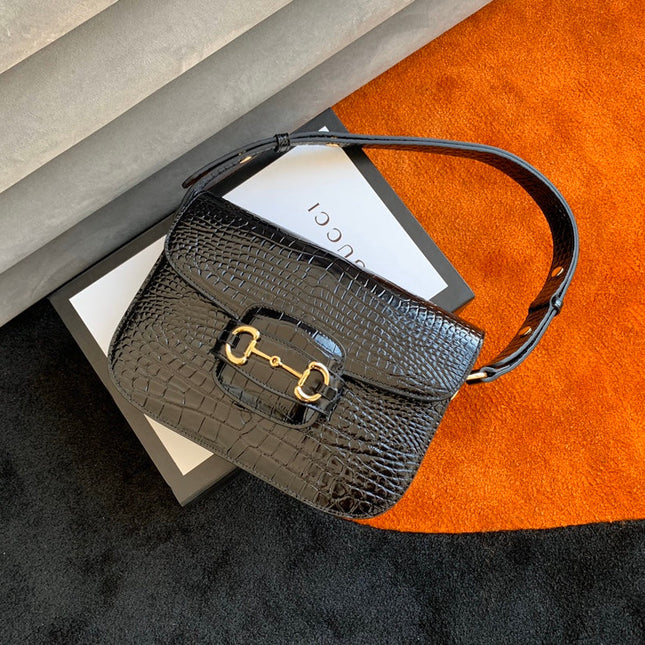 GG 1955 Horsebit Bag 25cm Black Crocodile Leather Gold Hardware