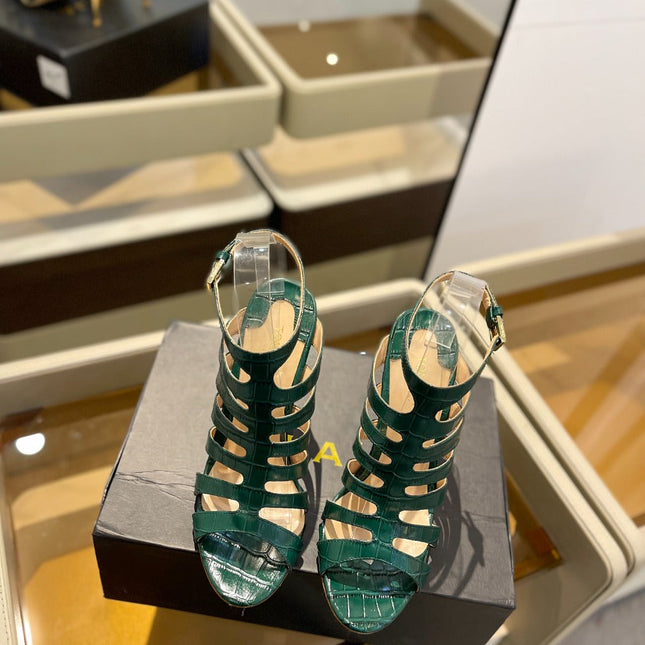 HIGH SANDAL 10 CM IN GREEN FOREST CALFSKIN