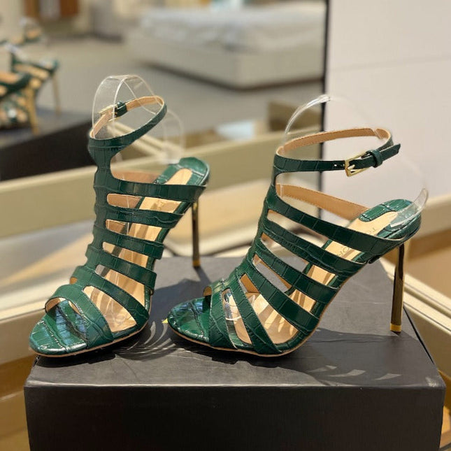 HIGH SANDAL 10 CM IN GREEN FOREST CALFSKIN