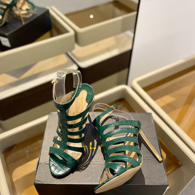 HIGH SANDAL 10 CM IN GREEN FOREST CALFSKIN