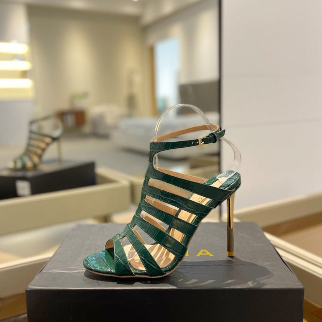 HIGH SANDAL 10 CM IN GREEN FOREST CALFSKIN