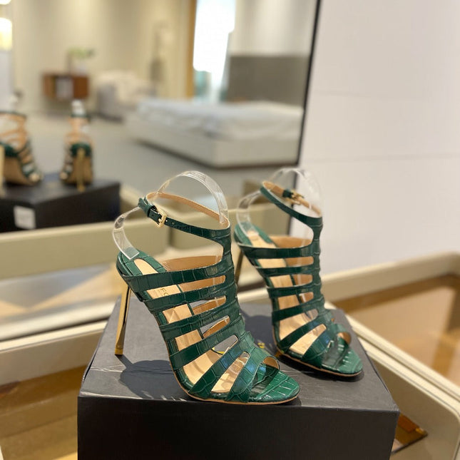 HIGH SANDAL 10 CM IN GREEN FOREST CALFSKIN