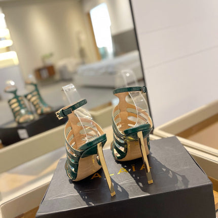 HIGH SANDAL 10 CM IN GREEN FOREST CALFSKIN