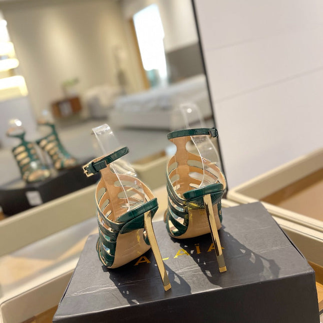 HIGH SANDAL 10 CM IN GREEN FOREST CALFSKIN