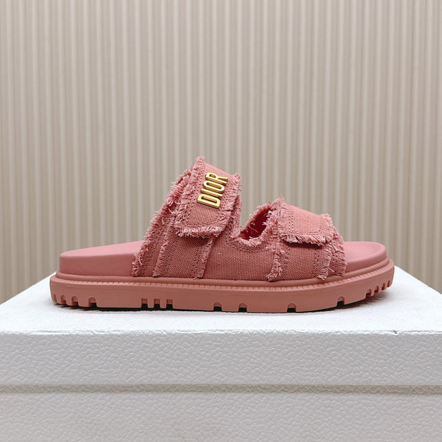DIOR CLASSIC DOUBLE-STRAP SLIDES 25S IN PEACHY PINK DENIM AND CALFSKIN